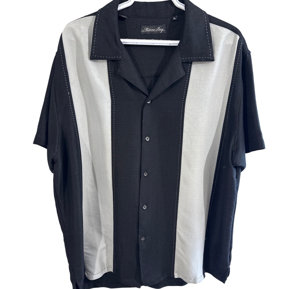 Milano Bay Mens XL Bowling Shirt Black Grey Retro Colorblock Pick Stitch Rayon
